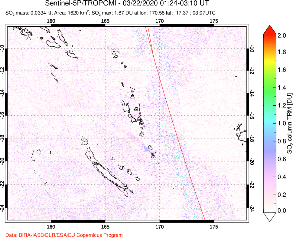 A sulfur dioxide image over Vanuatu, South Pacific on Mar 22, 2020.