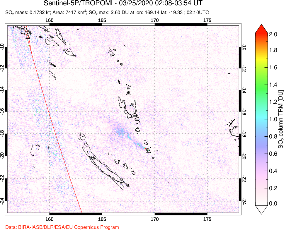 A sulfur dioxide image over Vanuatu, South Pacific on Mar 25, 2020.