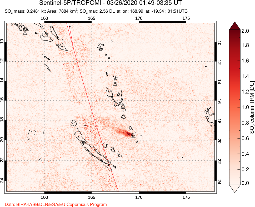 A sulfur dioxide image over Vanuatu, South Pacific on Mar 26, 2020.