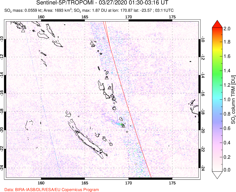 A sulfur dioxide image over Vanuatu, South Pacific on Mar 27, 2020.
