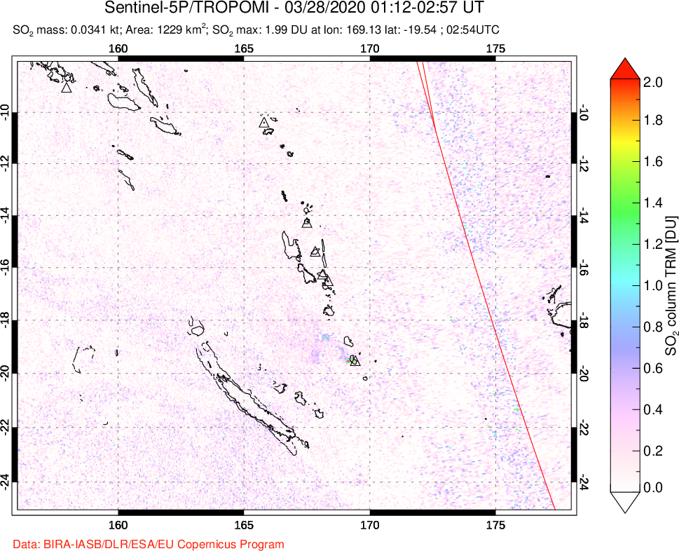 A sulfur dioxide image over Vanuatu, South Pacific on Mar 28, 2020.