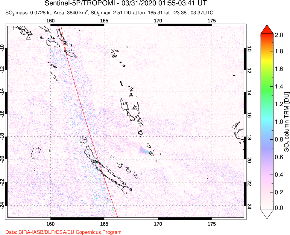 A sulfur dioxide image over Vanuatu, South Pacific on Mar 31, 2020.