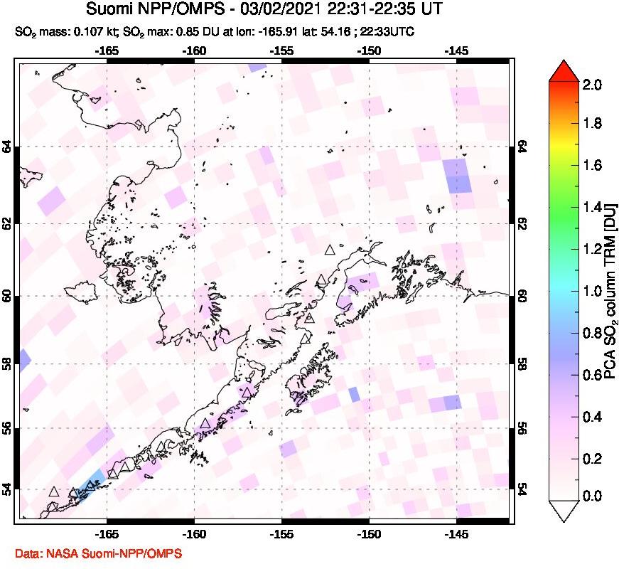A sulfur dioxide image over Alaska, USA on Mar 02, 2021.