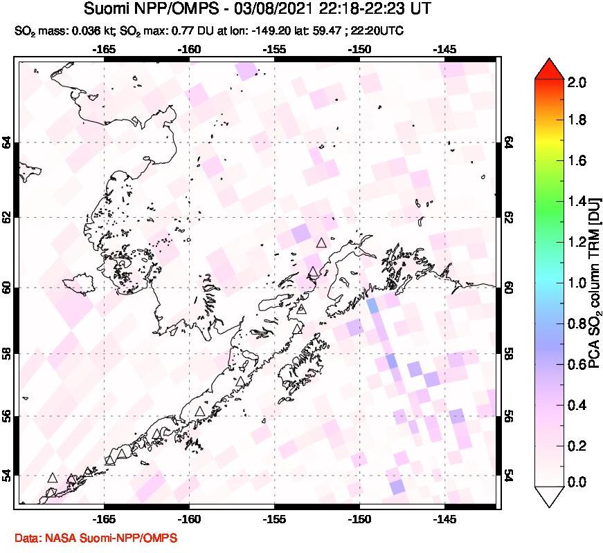 A sulfur dioxide image over Alaska, USA on Mar 08, 2021.
