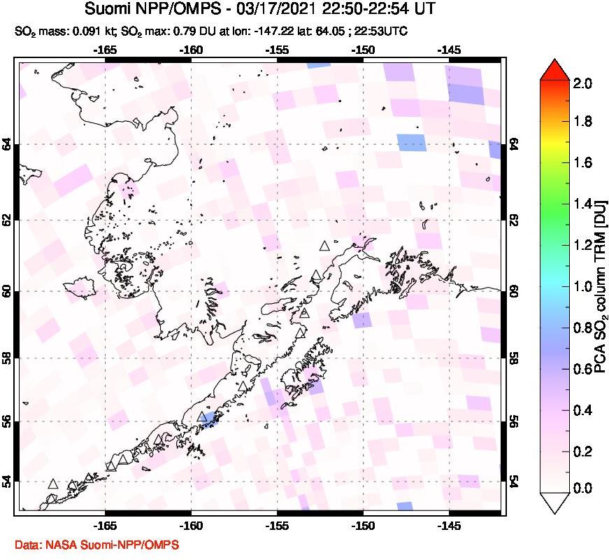 A sulfur dioxide image over Alaska, USA on Mar 17, 2021.