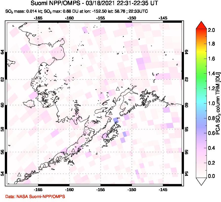 A sulfur dioxide image over Alaska, USA on Mar 18, 2021.