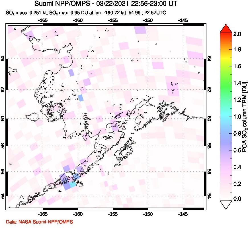 A sulfur dioxide image over Alaska, USA on Mar 22, 2021.
