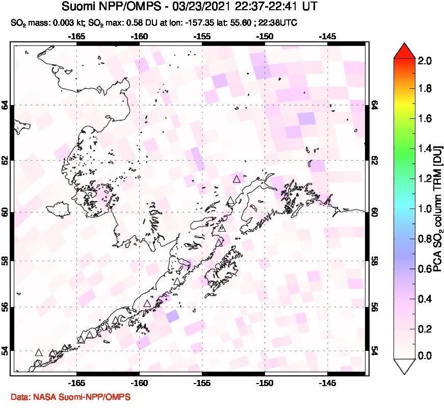 A sulfur dioxide image over Alaska, USA on Mar 23, 2021.