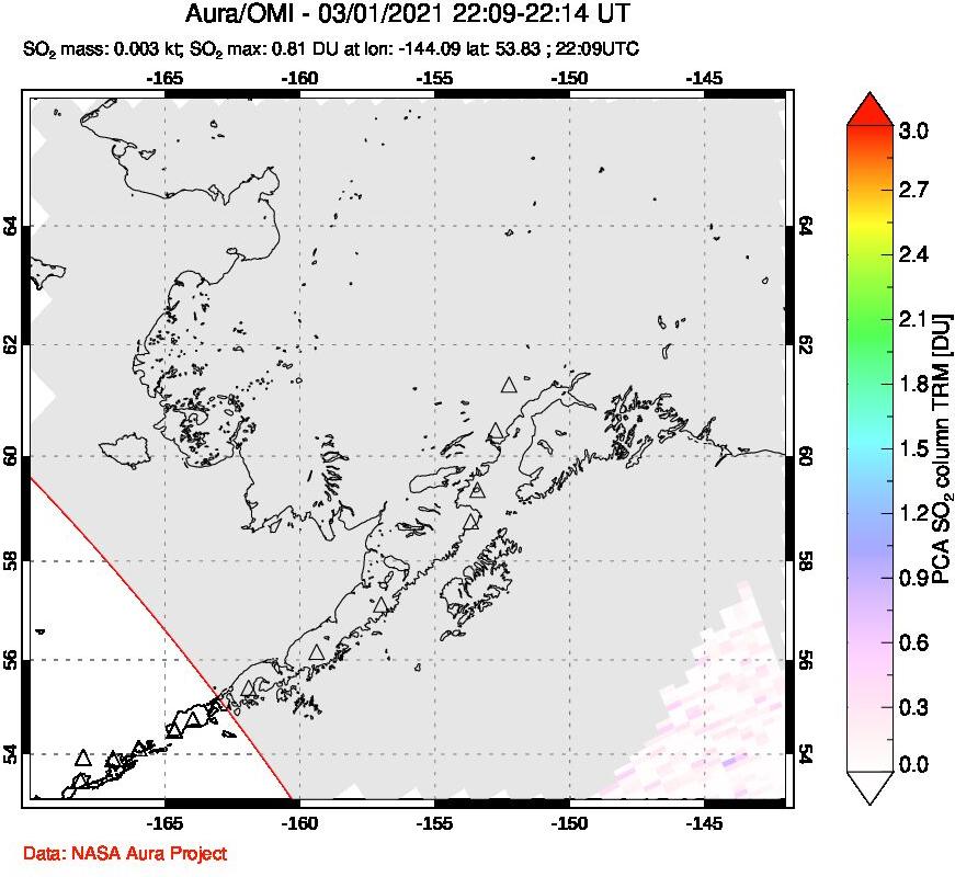 A sulfur dioxide image over Alaska, USA on Mar 01, 2021.
