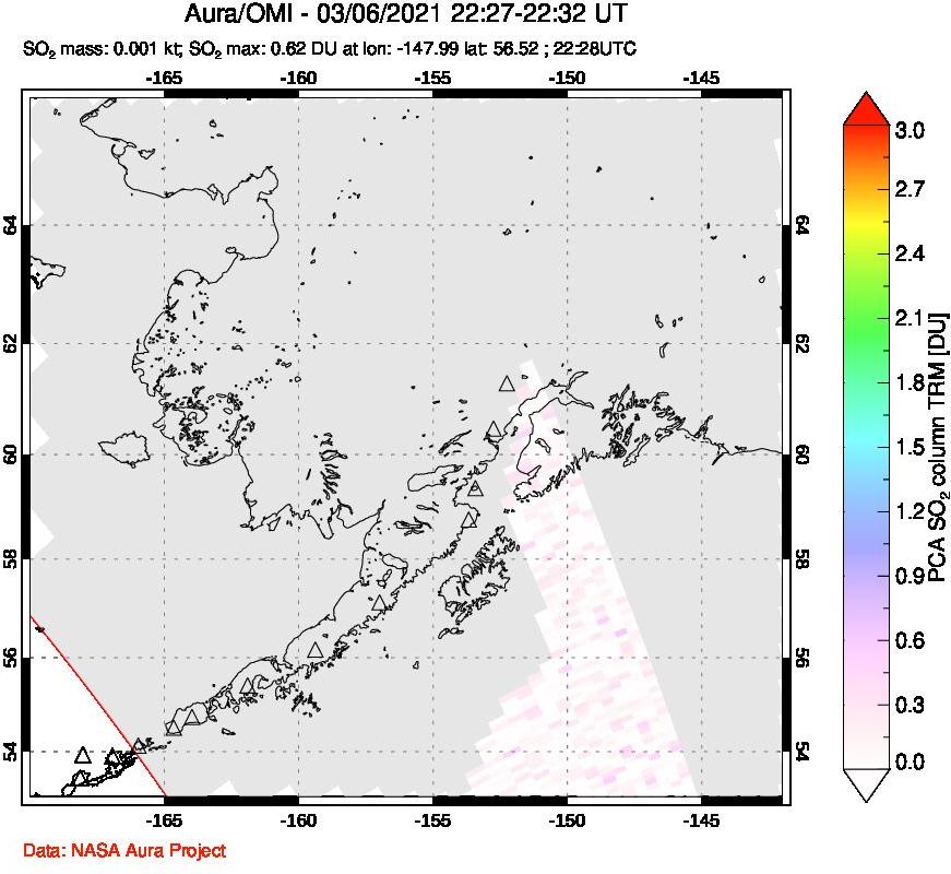 A sulfur dioxide image over Alaska, USA on Mar 06, 2021.