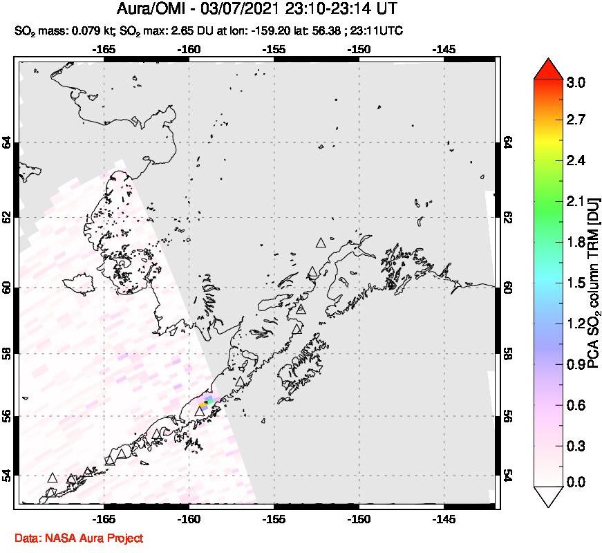 A sulfur dioxide image over Alaska, USA on Mar 07, 2021.