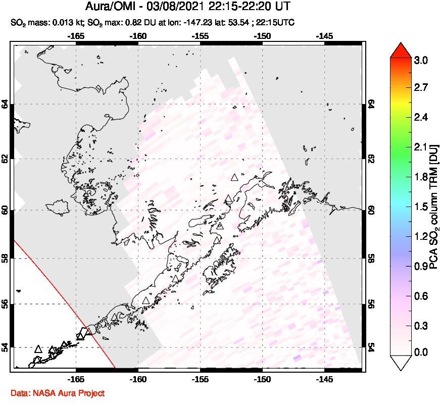 A sulfur dioxide image over Alaska, USA on Mar 08, 2021.