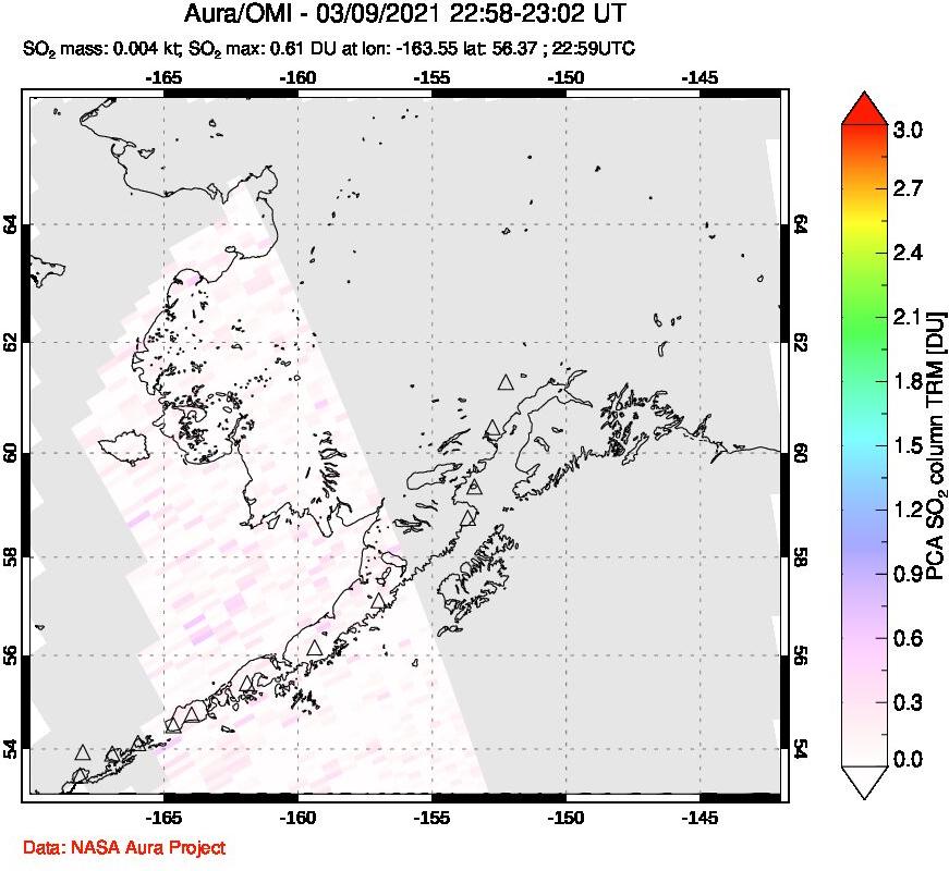 A sulfur dioxide image over Alaska, USA on Mar 09, 2021.