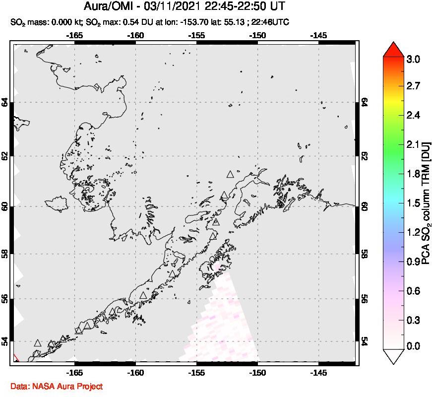A sulfur dioxide image over Alaska, USA on Mar 11, 2021.