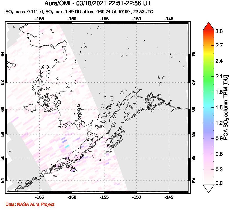 A sulfur dioxide image over Alaska, USA on Mar 18, 2021.