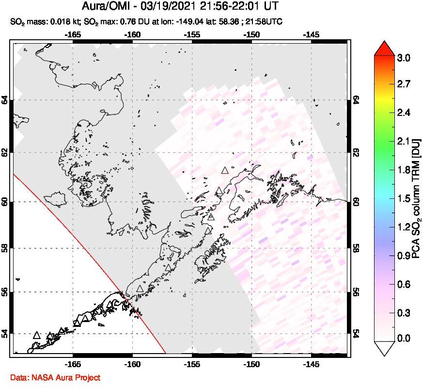 A sulfur dioxide image over Alaska, USA on Mar 19, 2021.