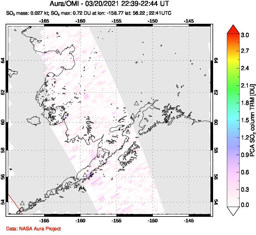 A sulfur dioxide image over Alaska, USA on Mar 20, 2021.