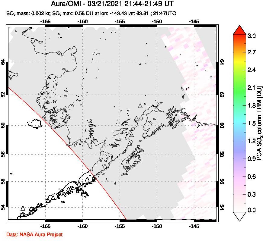 A sulfur dioxide image over Alaska, USA on Mar 21, 2021.