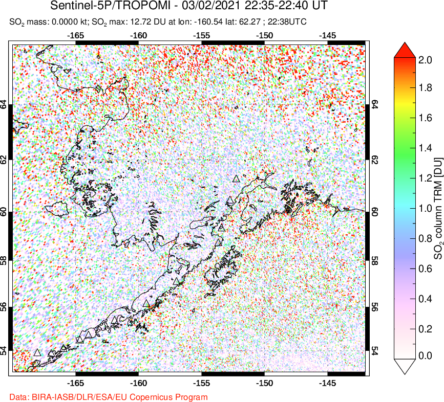 A sulfur dioxide image over Alaska, USA on Mar 02, 2021.