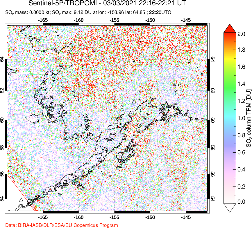 A sulfur dioxide image over Alaska, USA on Mar 03, 2021.