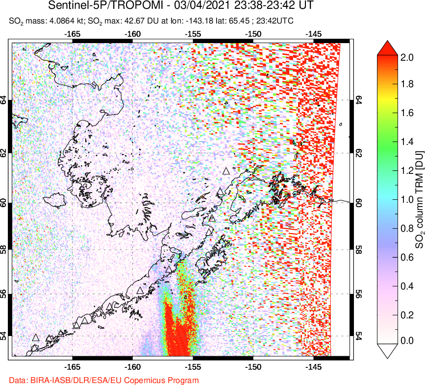 A sulfur dioxide image over Alaska, USA on Mar 04, 2021.
