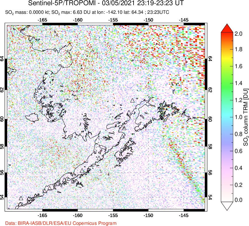 A sulfur dioxide image over Alaska, USA on Mar 05, 2021.
