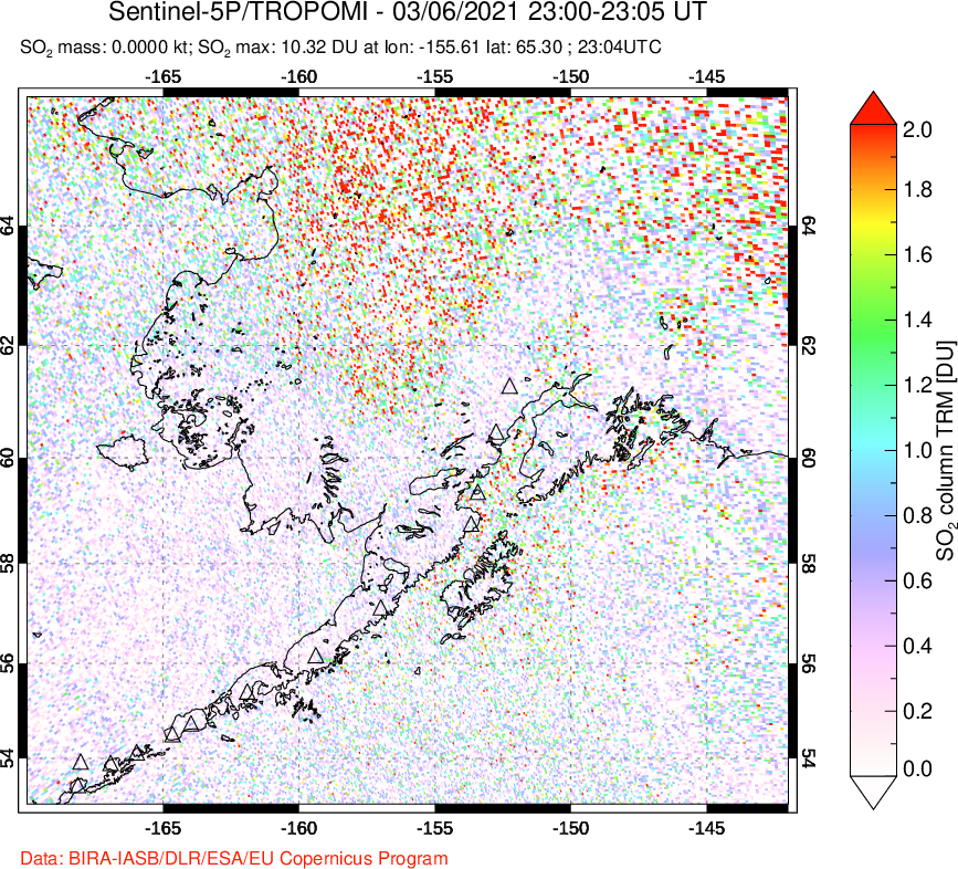 A sulfur dioxide image over Alaska, USA on Mar 06, 2021.