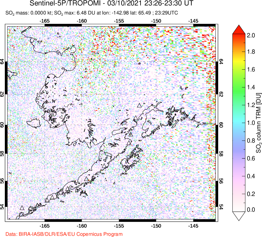 A sulfur dioxide image over Alaska, USA on Mar 10, 2021.