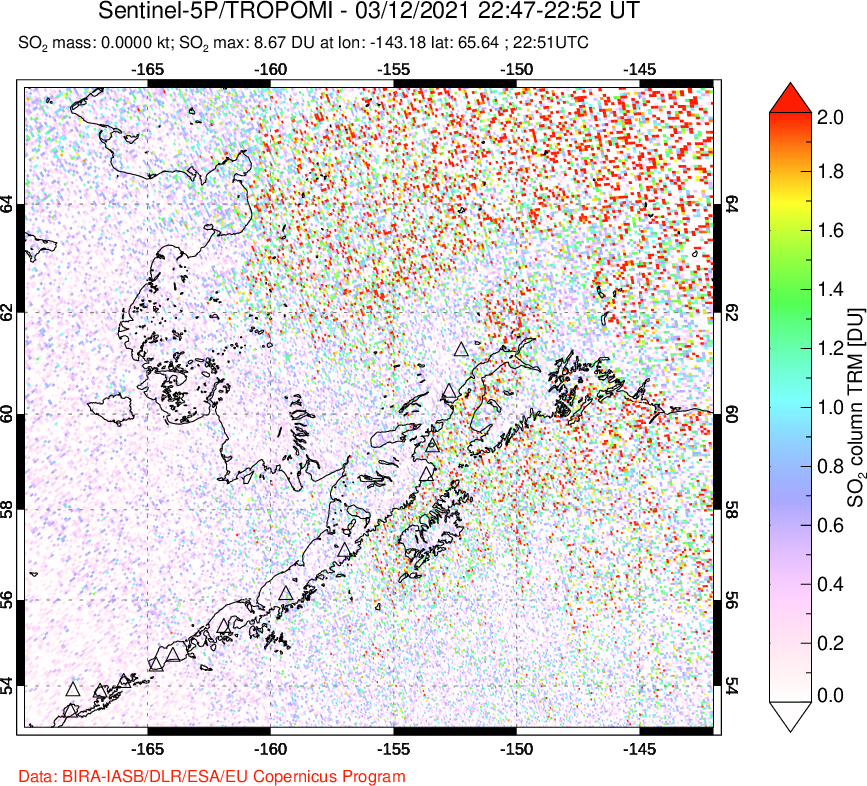 A sulfur dioxide image over Alaska, USA on Mar 12, 2021.