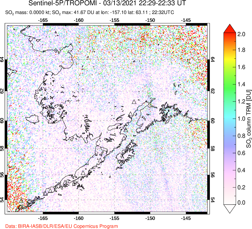 A sulfur dioxide image over Alaska, USA on Mar 13, 2021.