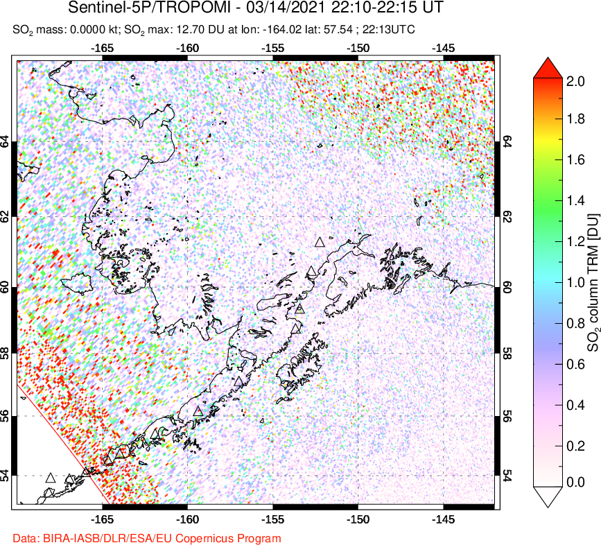 A sulfur dioxide image over Alaska, USA on Mar 14, 2021.