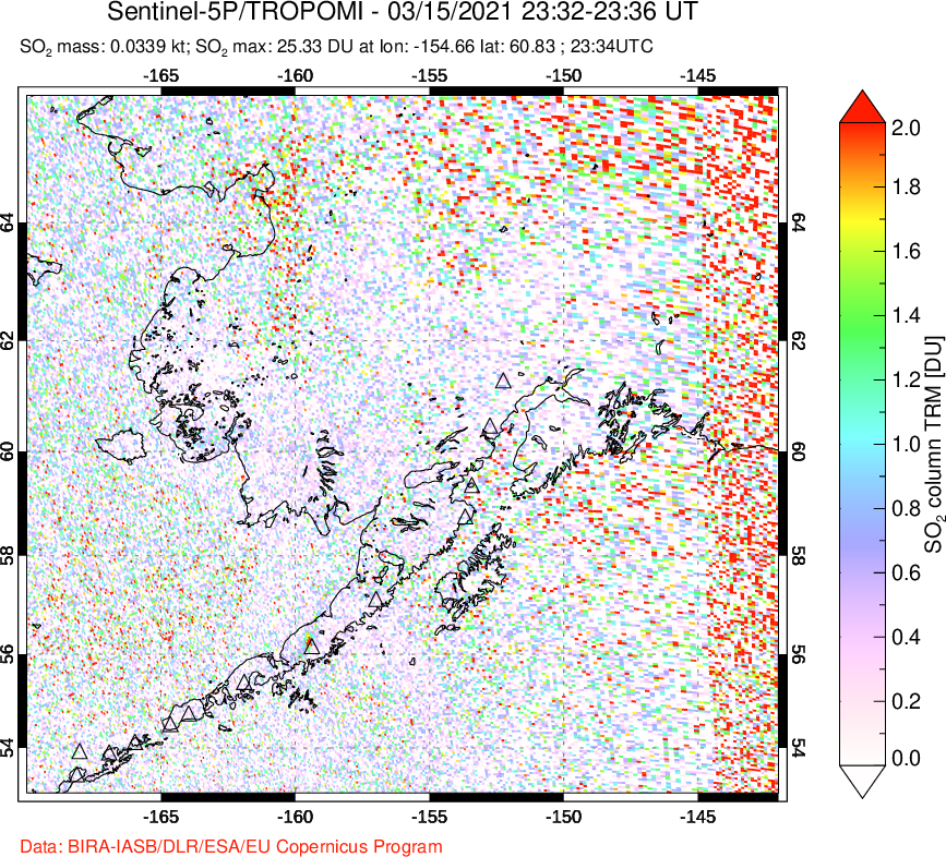 A sulfur dioxide image over Alaska, USA on Mar 15, 2021.