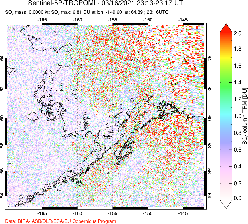 A sulfur dioxide image over Alaska, USA on Mar 16, 2021.