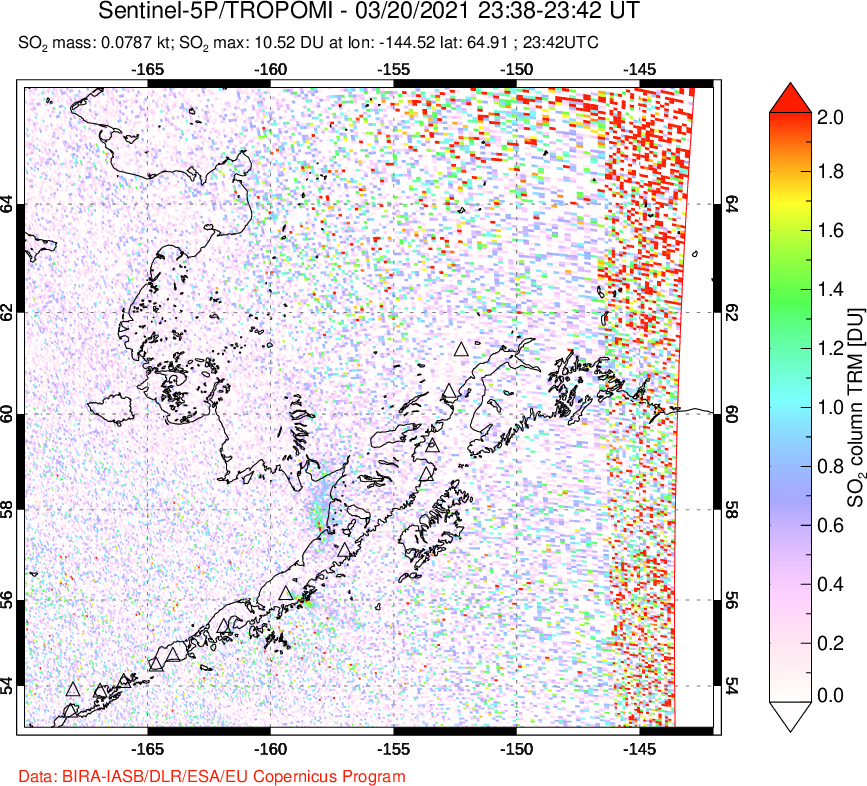 A sulfur dioxide image over Alaska, USA on Mar 20, 2021.