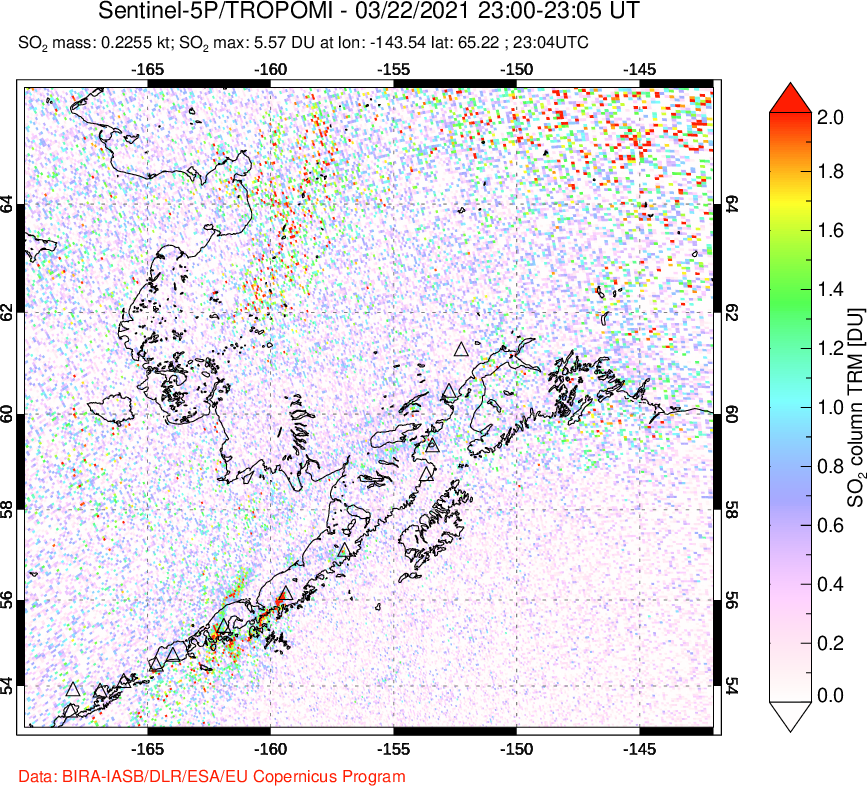 A sulfur dioxide image over Alaska, USA on Mar 22, 2021.