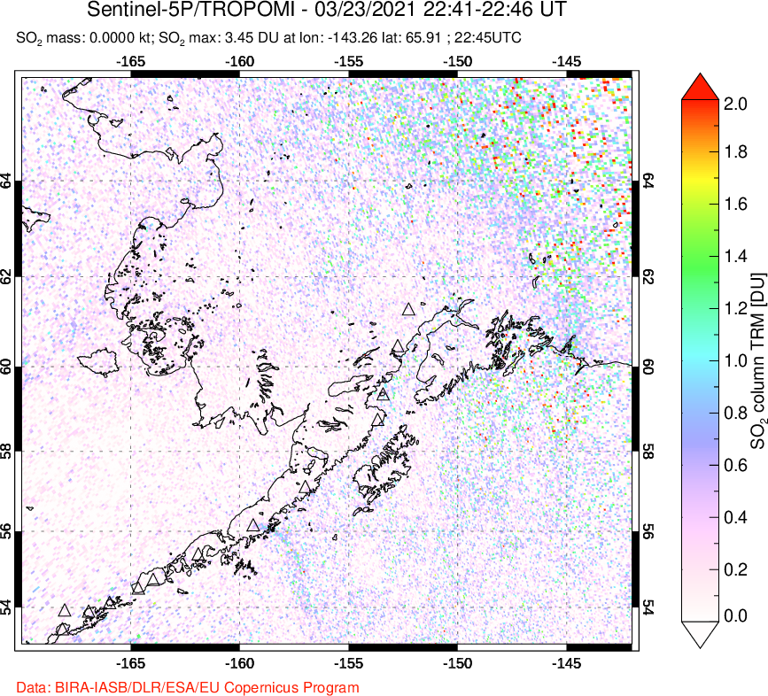 A sulfur dioxide image over Alaska, USA on Mar 23, 2021.