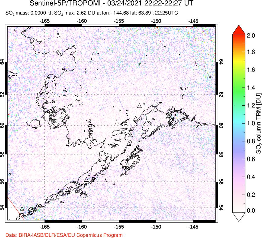 A sulfur dioxide image over Alaska, USA on Mar 24, 2021.