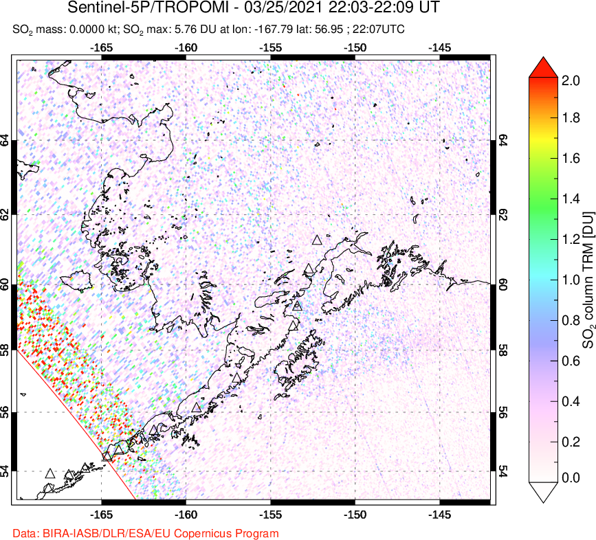 A sulfur dioxide image over Alaska, USA on Mar 25, 2021.