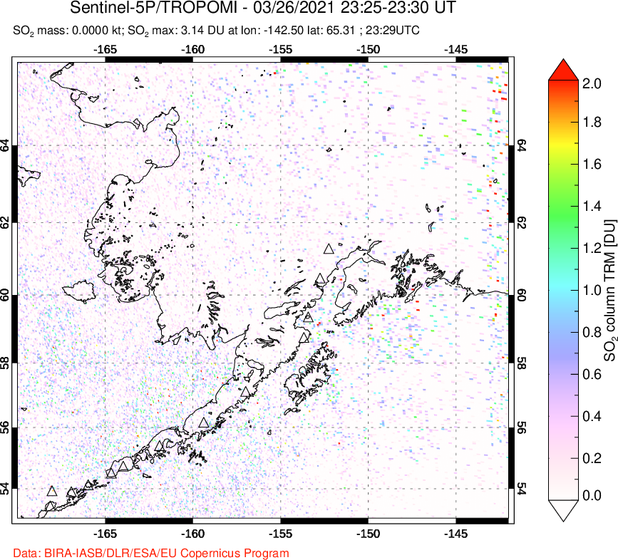 A sulfur dioxide image over Alaska, USA on Mar 26, 2021.