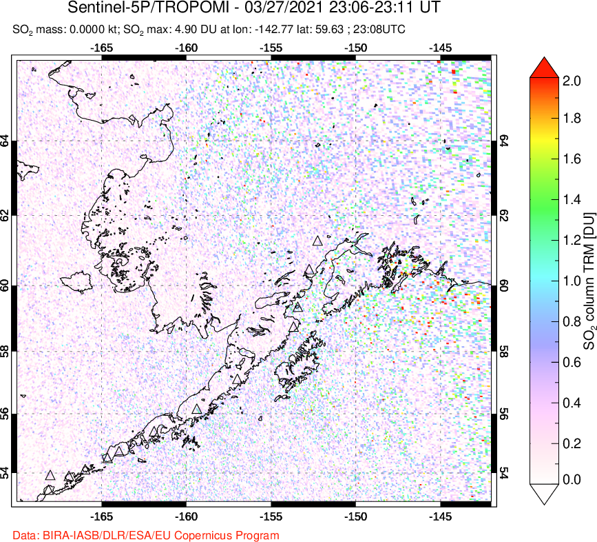 A sulfur dioxide image over Alaska, USA on Mar 27, 2021.