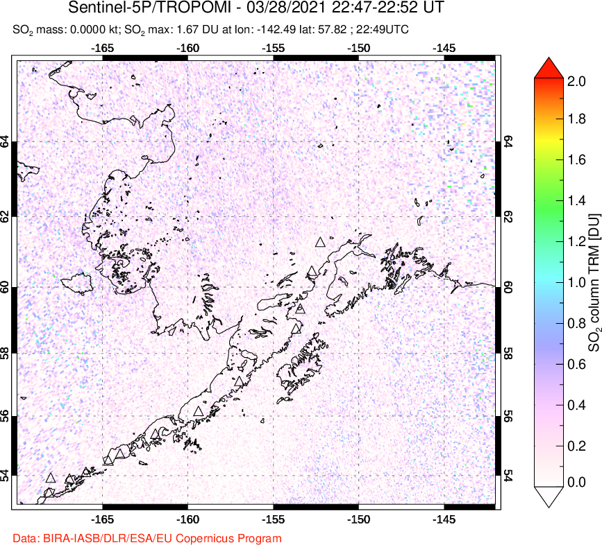 A sulfur dioxide image over Alaska, USA on Mar 28, 2021.