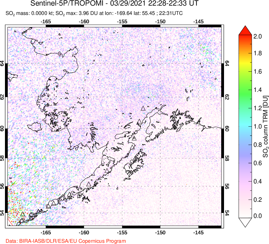 A sulfur dioxide image over Alaska, USA on Mar 29, 2021.