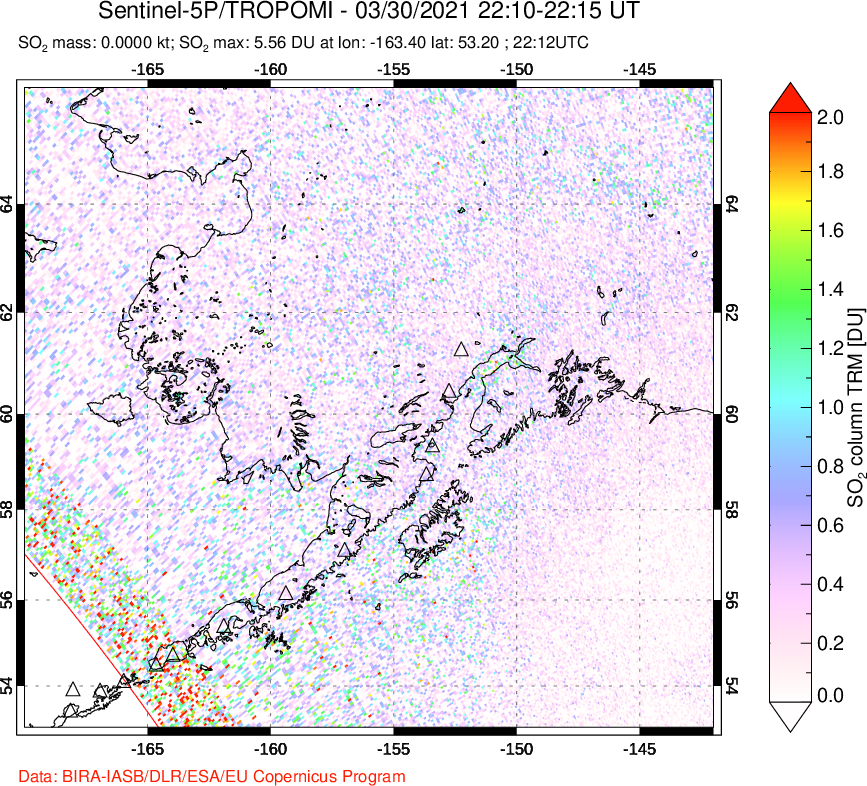A sulfur dioxide image over Alaska, USA on Mar 30, 2021.