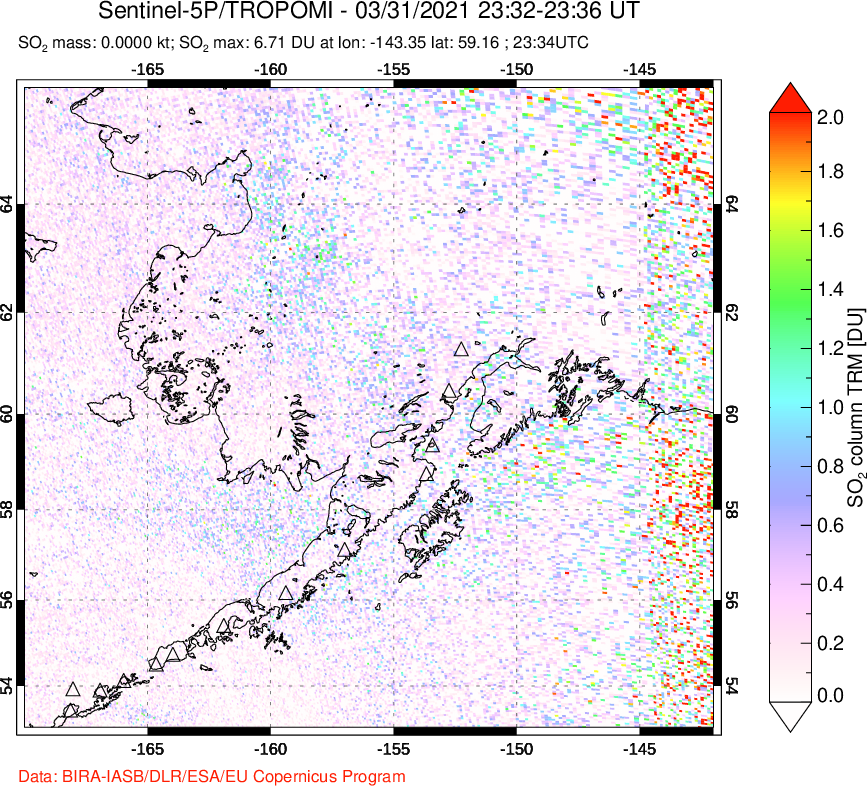 A sulfur dioxide image over Alaska, USA on Mar 31, 2021.