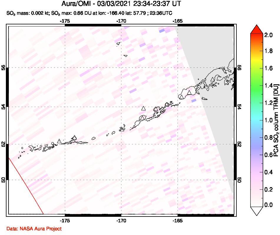 A sulfur dioxide image over Aleutian Islands, Alaska, USA on Mar 03, 2021.
