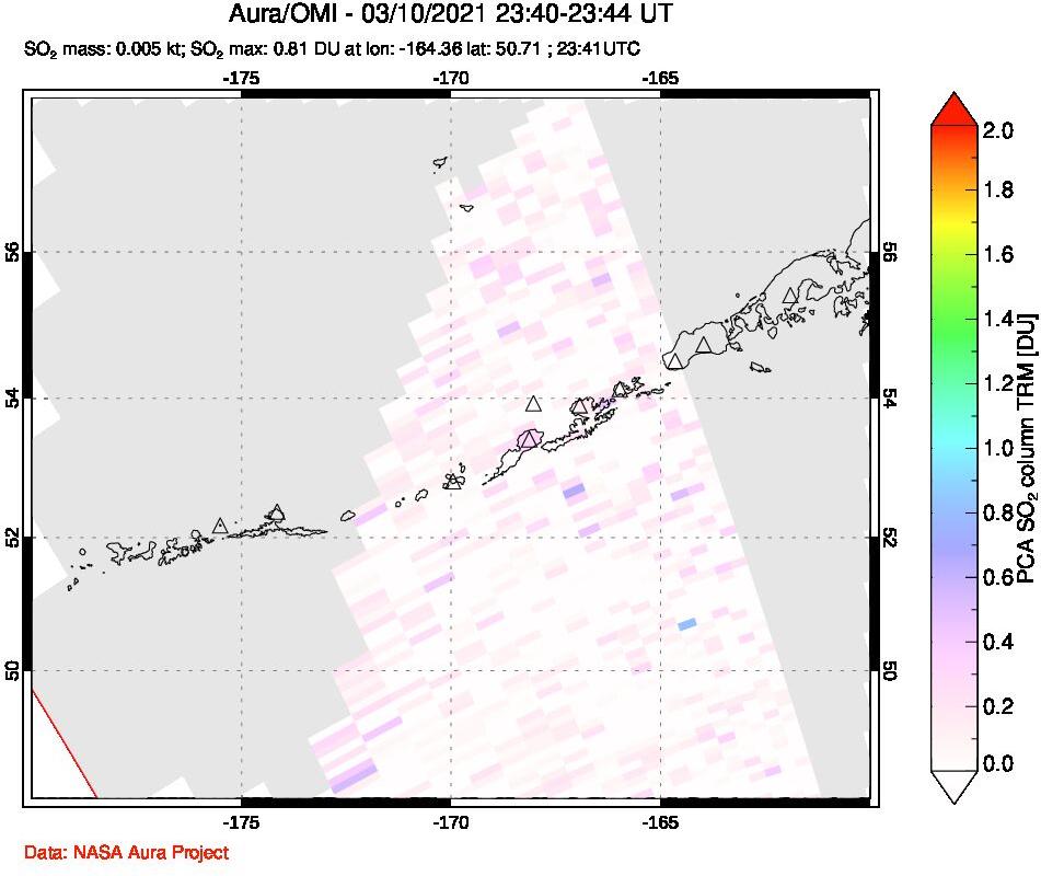 A sulfur dioxide image over Aleutian Islands, Alaska, USA on Mar 10, 2021.
