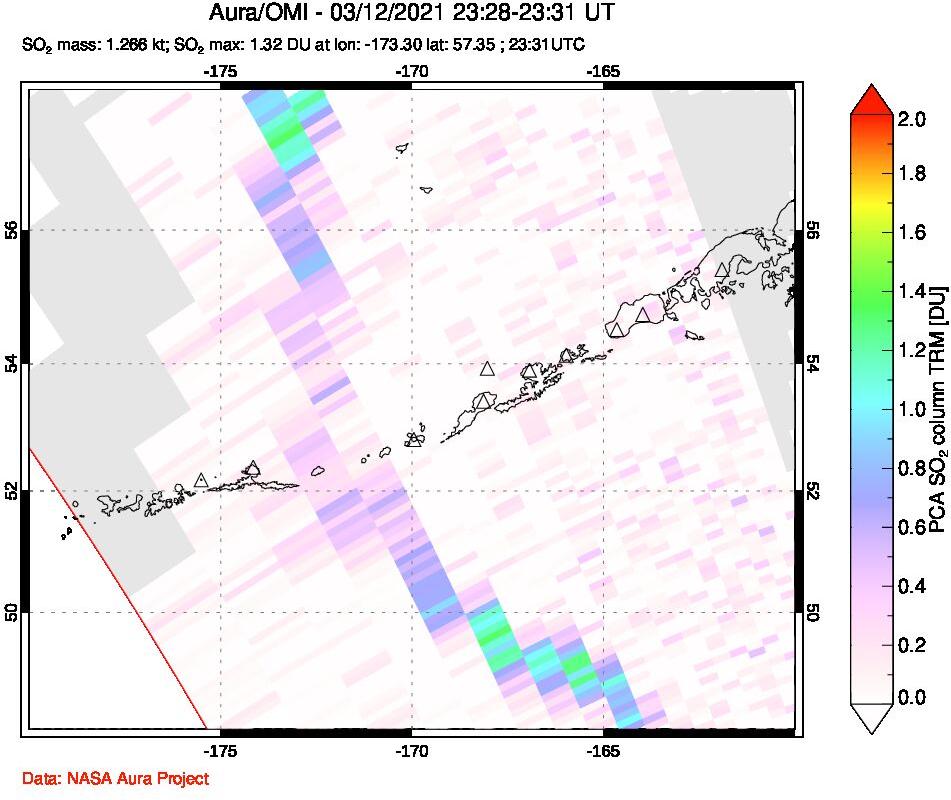 A sulfur dioxide image over Aleutian Islands, Alaska, USA on Mar 12, 2021.