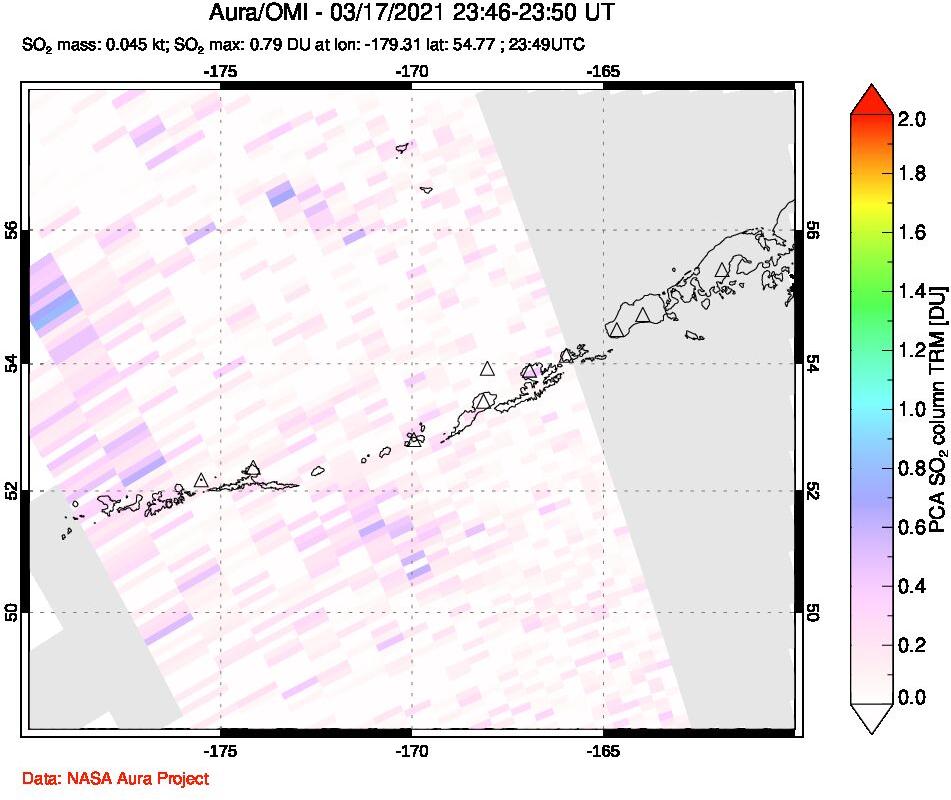 A sulfur dioxide image over Aleutian Islands, Alaska, USA on Mar 17, 2021.