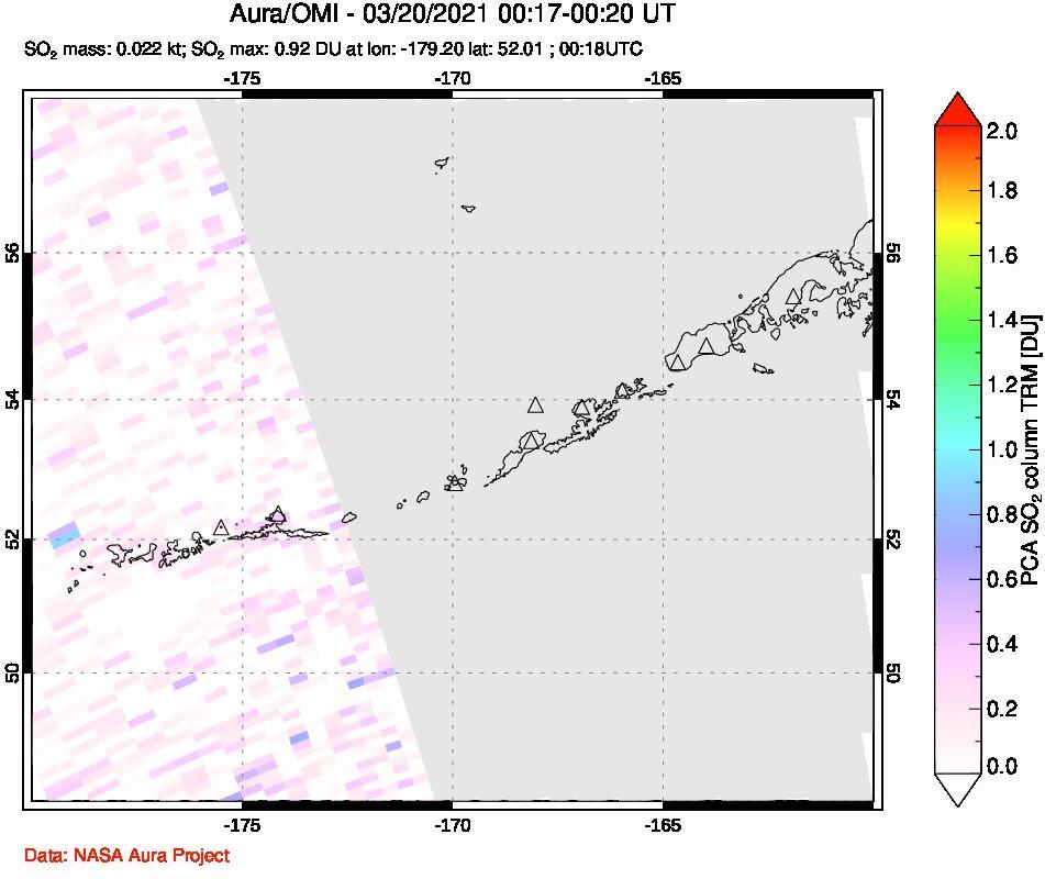 A sulfur dioxide image over Aleutian Islands, Alaska, USA on Mar 20, 2021.