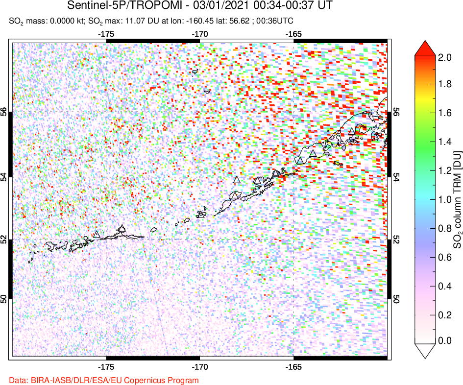 A sulfur dioxide image over Aleutian Islands, Alaska, USA on Mar 01, 2021.
